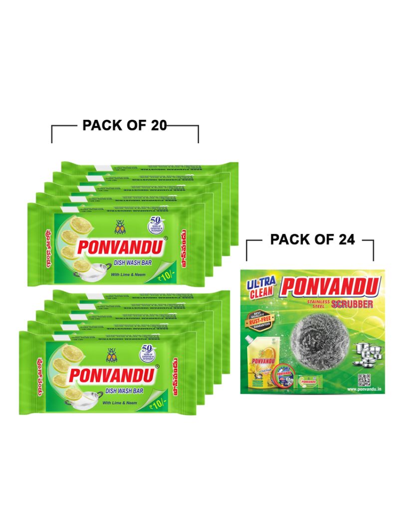Ponvandu Dishwash Bar-145g - 20 Nos + Steel Scruber Pad 15g 24 Nos