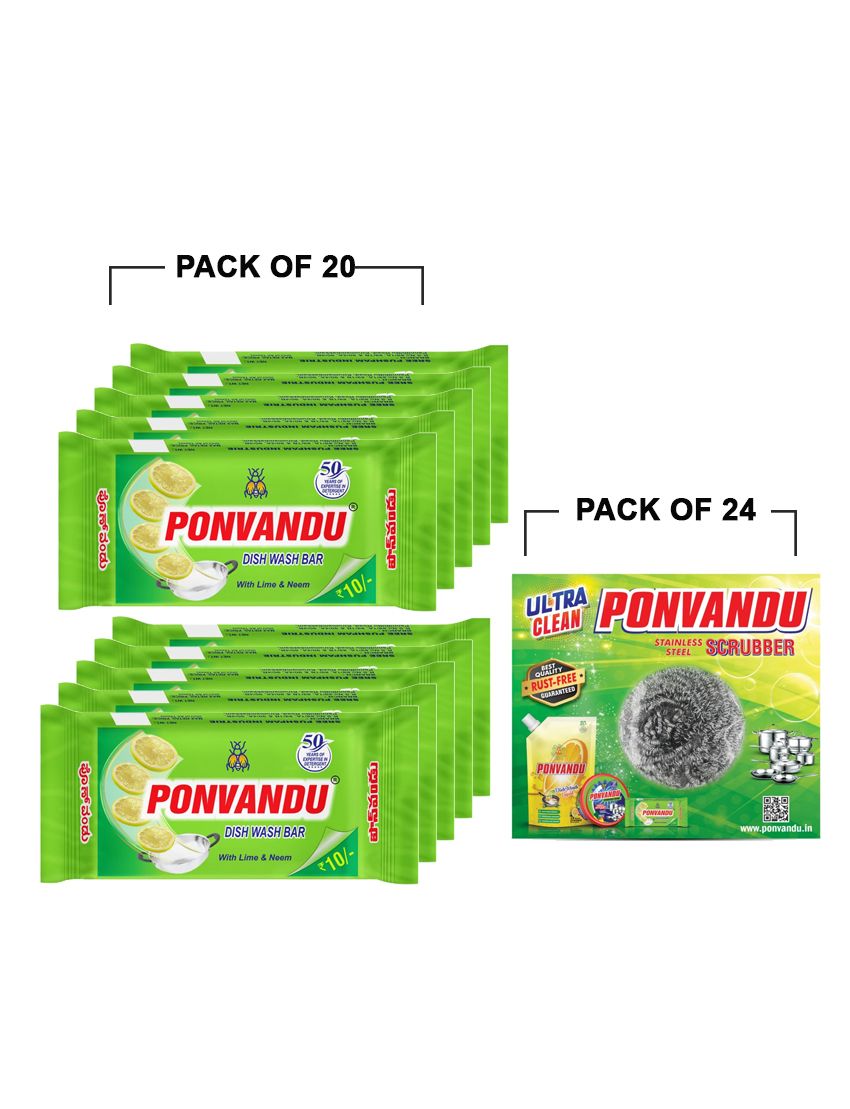Ponvandu Dishwash Bar-145g - 20 Nos + Steel Scruber Pad 15g 24 Nos