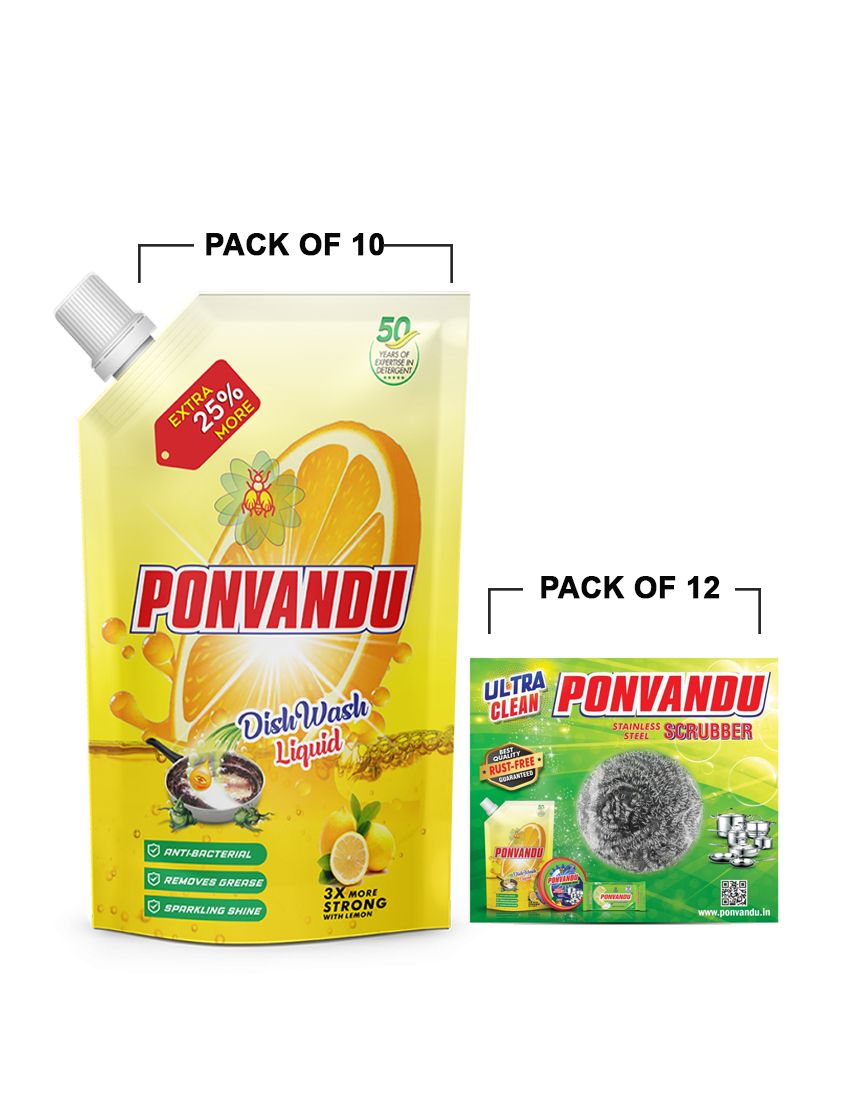 Ponvandu dishwash Liquid 175 ML -10 Nos + Ponvandu steel Scruber Pad 15g - 24 Nos