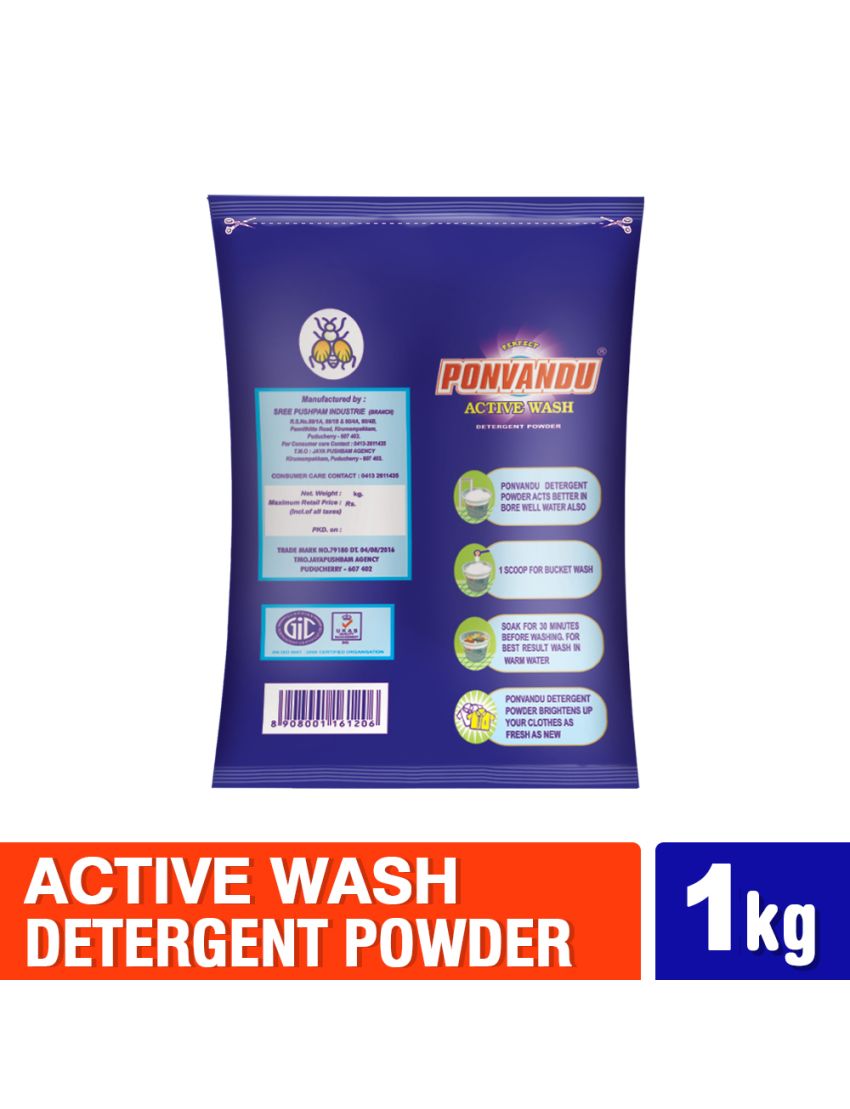 Ponvandu Prefect Active Wash Detergent Powder Blue 1Kg